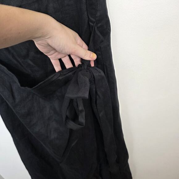 Hirsch & Timber Black 100% Linen Minimalist Wrap Front Midi Dress Size Small - Picture 2 of 8